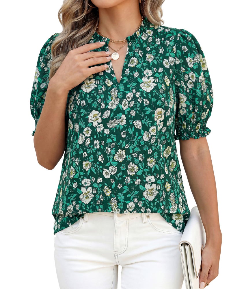 BTFBM Summer Blouses for Women Dressy Casual 2026 Fashion Spring Tops Floral Boho V Neck Puff Short Sleeve Top Shirts(Floral Dark Green, Large) - Image 5