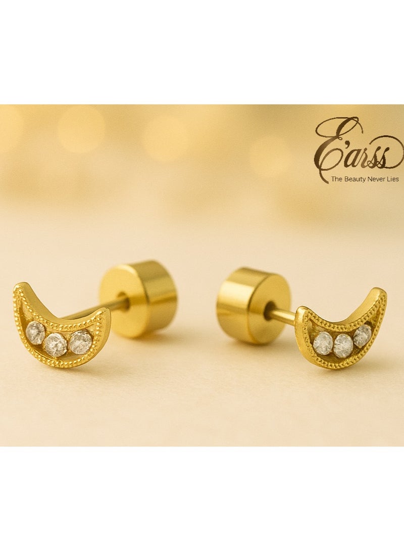 Earss Crescent Moon With Cubic Zirconia Stones Stud Earrings For Kids, Gold Plated - Image 2