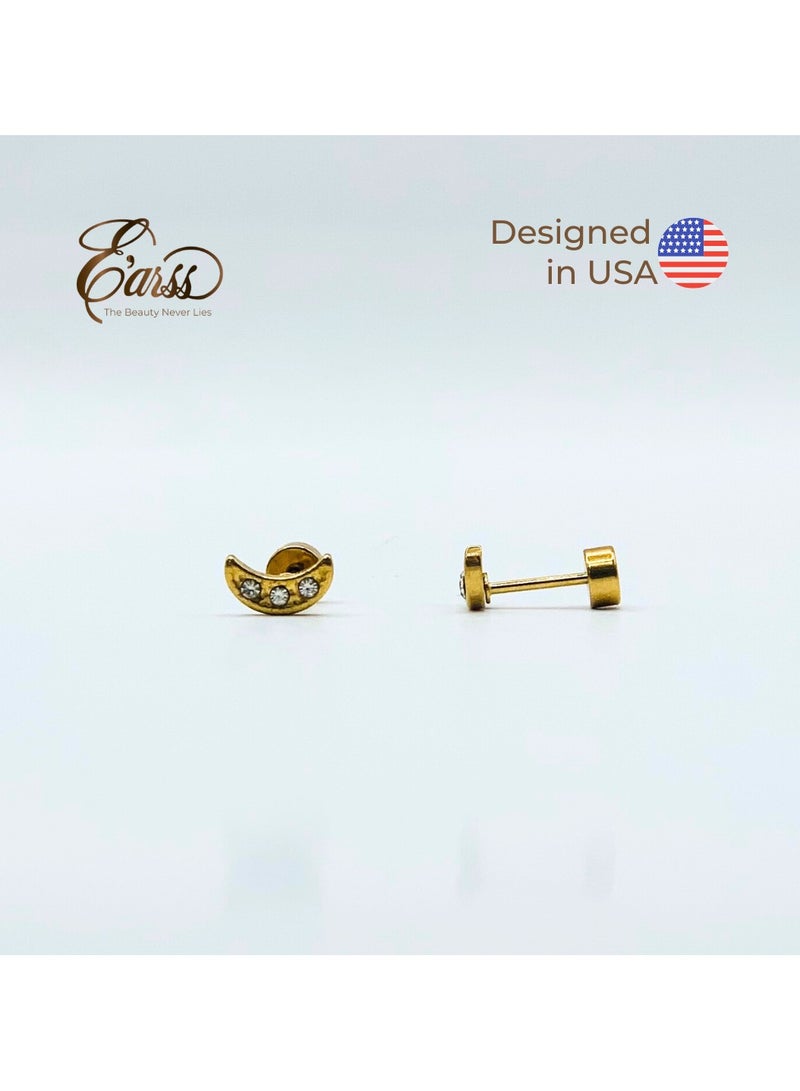Earss Crescent Moon With Cubic Zirconia Stones Stud Earrings For Kids, Gold Plated - Image 4