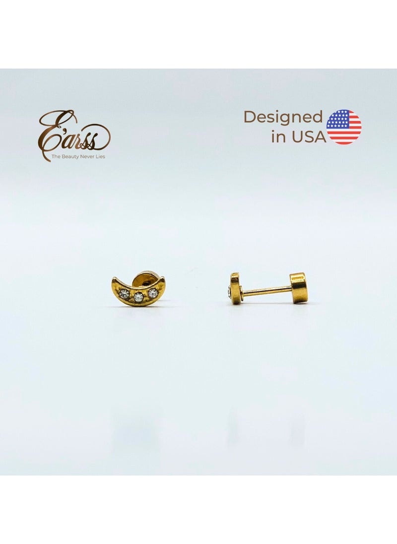 Earss Crescent Moon With Cubic Zirconia Stones Stud Earrings For Kids, Gold Plated  - Image 2