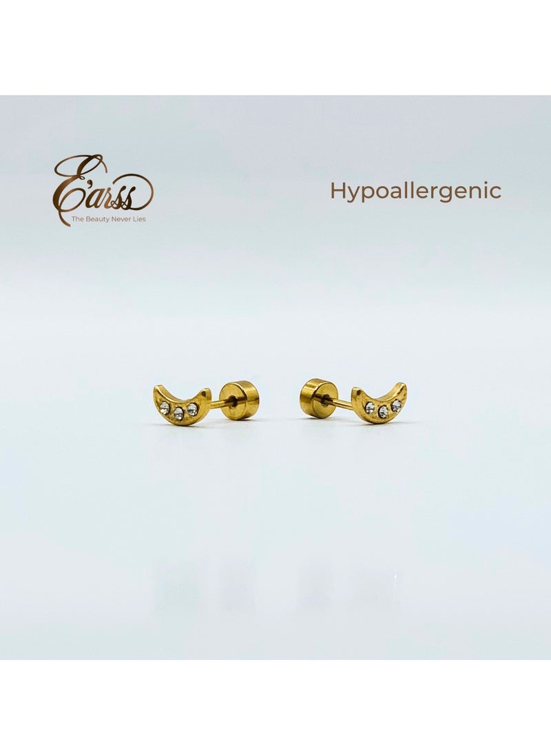 Earss Crescent Moon With Cubic Zirconia Stones Stud Earrings For Kids, Gold Plated  - Image 3