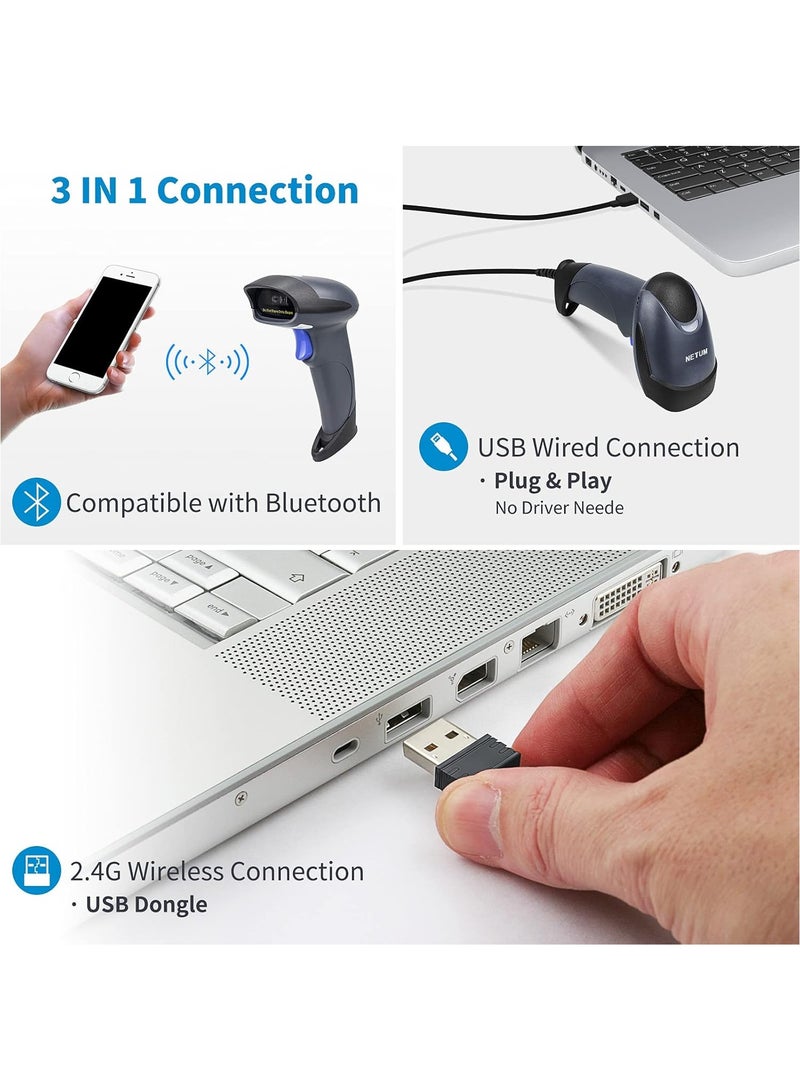 NETUM Wireless 1D 2D Qr Barcode Scanner with Stand, Handhold Scanners with 2.4G Wireless & Bluetooth Function, 3 in 1 Bar Code Readers & Scanners Tools Compatible for SmartPhone, Laptops, Computers, Cashier - Image 2