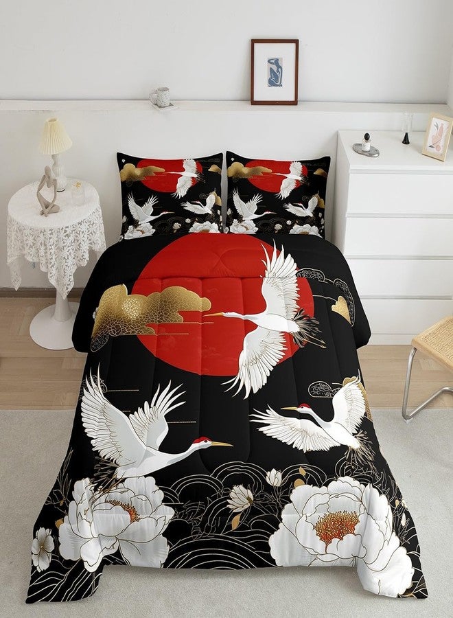 Feelyou Japanese Crane Bedding Set Queen Size Black Gold Ukiyoe Theme Comforter Set for Adult Kids Boys Girls Asian Anime Duvet Set Wild Animal Quilt Set 3Pcs - Image 1