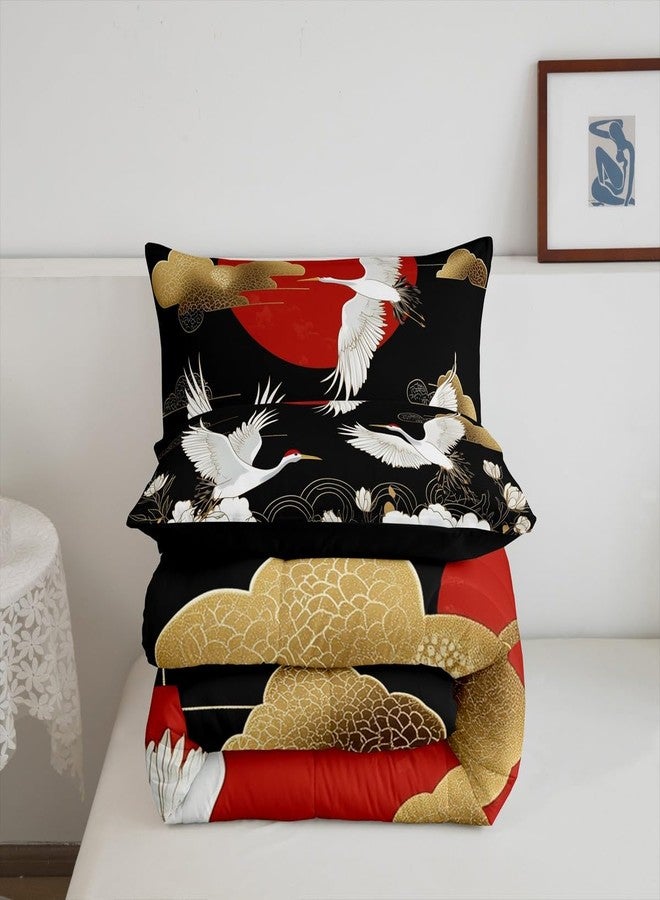 Feelyou Japanese Crane Bedding Set Queen Size Black Gold Ukiyoe Theme Comforter Set for Adult Kids Boys Girls Asian Anime Duvet Set Wild Animal Quilt Set 3Pcs - Image 5