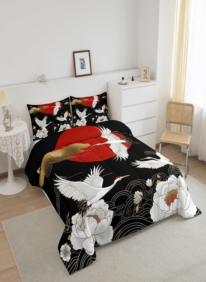 Feelyou Japanese Crane Bedding Set Queen Size Black Gold Ukiyoe Theme Comforter Set for Adult Kids Boys Girls Asian Anime Duvet Set Wild Animal Quilt Set 3Pcs - Image 2
