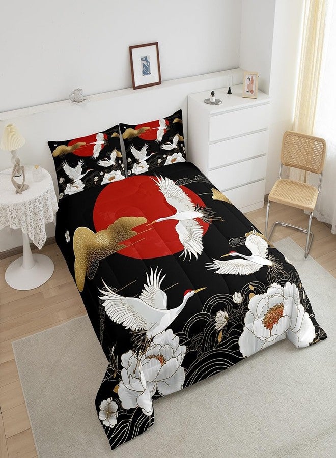 Feelyou Japanese Crane Bedding Set Queen Size Black Gold Ukiyoe Theme Comforter Set for Adult Kids Boys Girls Asian Anime Duvet Set Wild Animal Quilt Set 3Pcs - Image 3