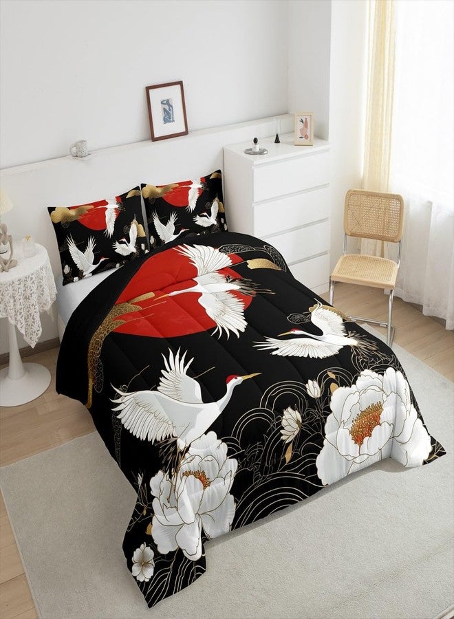 Feelyou Japanese Crane Bedding Set Queen Size Black Gold Ukiyoe Theme Comforter Set for Adult Kids Boys Girls Asian Anime Duvet Set Wild Animal Quilt Set 3Pcs - Image 4