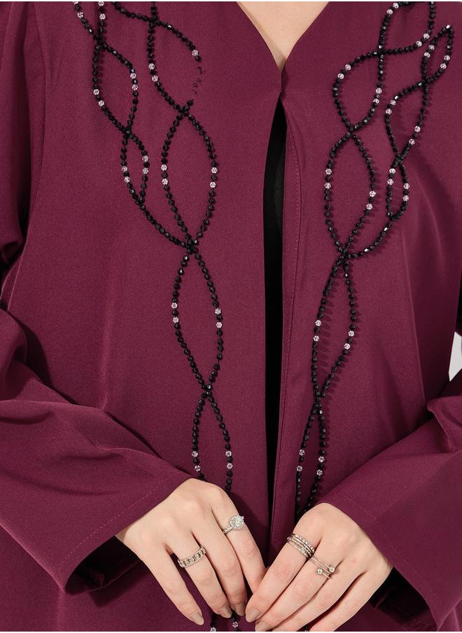 Styli - hand embroidered abaya with beads in barbie crepe fabric and matching chiffon hijab - Image 1