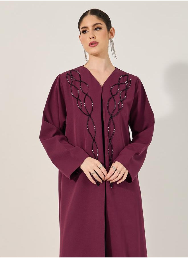 Styli - hand embroidered abaya with beads in barbie crepe fabric and matching chiffon hijab - Image 1