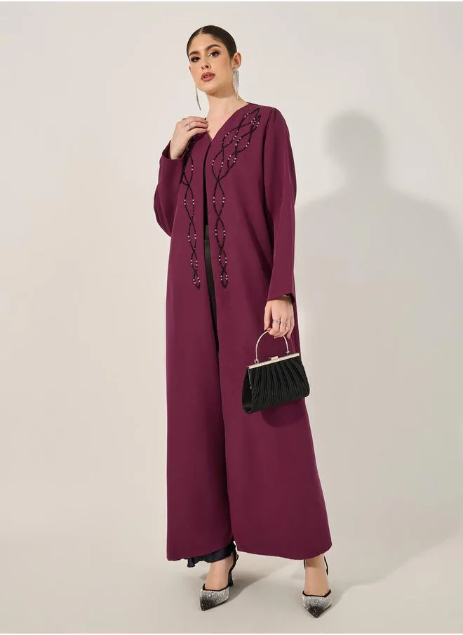 ستايلي hand embroidered abaya with beads in barbie crepe fabric and matching chiffon hijab