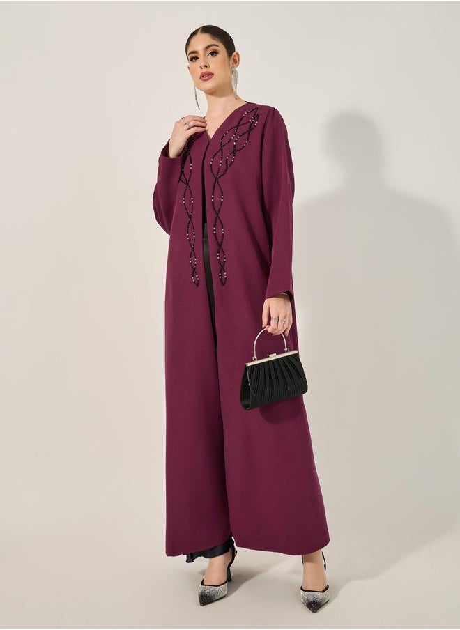 Styli - hand embroidered abaya with beads in barbie crepe fabric and matching chiffon hijab - Image 1