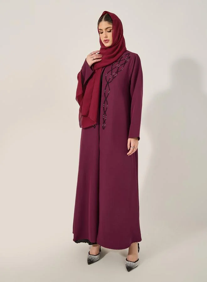 Styli hand embroidered abaya with beads in barbie crepe fabric and matching chiffon hijab
