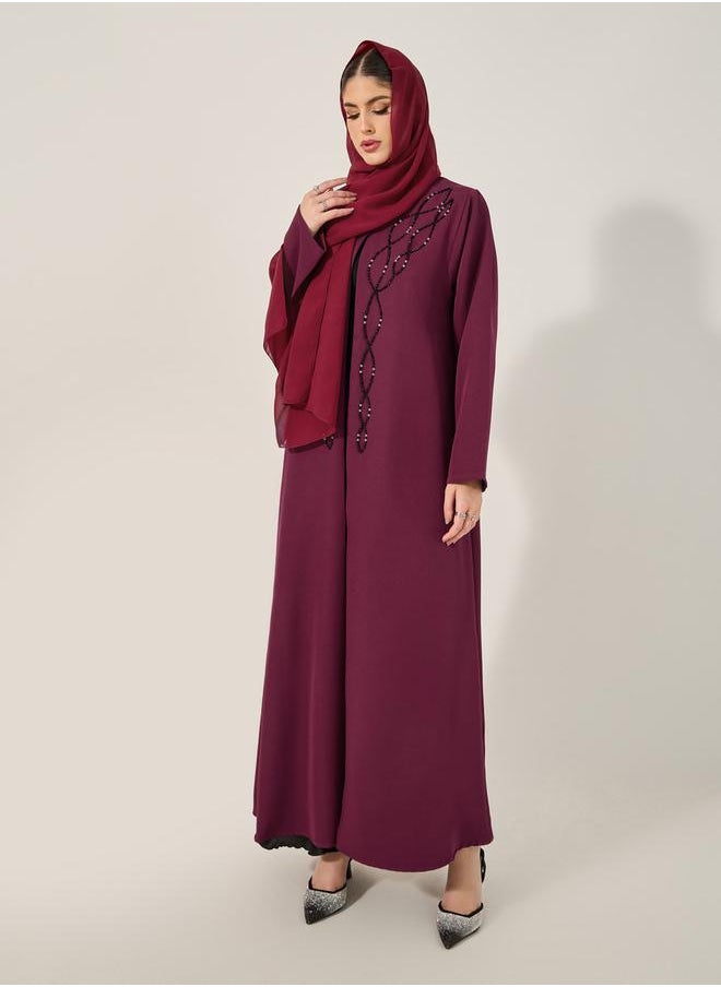 Styli - hand embroidered abaya with beads in barbie crepe fabric and matching chiffon hijab - Image 1