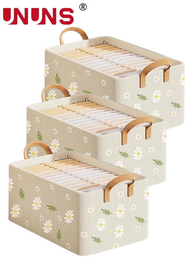 UNUNS 3 PCS Storage Bins for Shelves,Storage Baskets for Closet,Large Organizers and Storage Bins for Bedroom,Collapsible Baskets and Bins with Handles,Beige,47×28×20cm  - Image 1