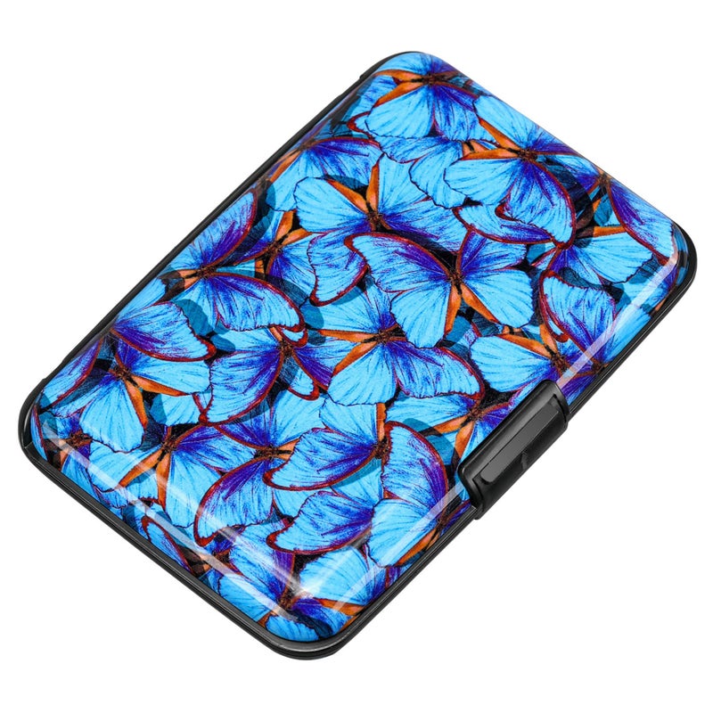 ELFISH RFID Blocking Credit Card Protector Aluminum ID Case Hard Shell Business Card Holders Metal Wallet for Men or Women (Blue Butterfly) - Image 1