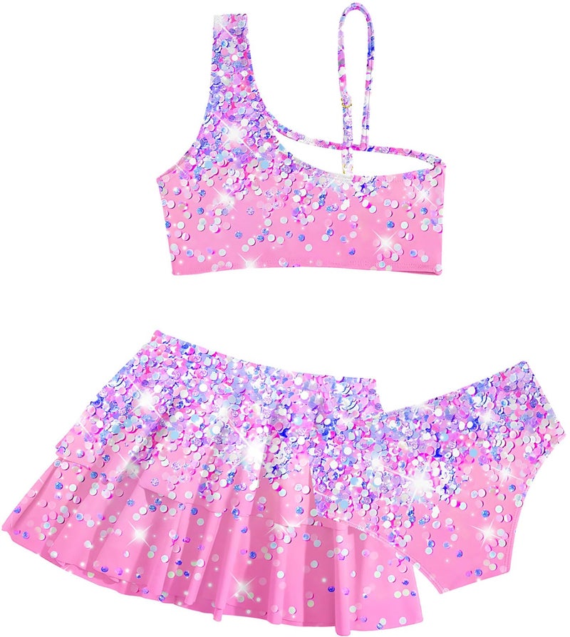 RAISEVERN Little Girls Bathing Suit Size 7-8 3 Piece Swimsuit Adjustable Spaghetti Strap Pink Sparkly Bikini Sets with Ruffle Cover Ups Beach Skirt Size 8 Cute Quick Dry Tankini Summer Swimwear - Image 2