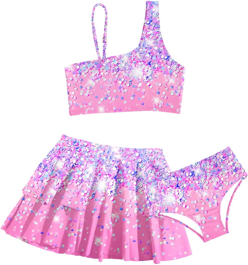 RAISEVERN Little Girls Bathing Suit Size 7-8 3 Piece Swimsuit Adjustable Spaghetti Strap Pink Sparkly Bikini Sets with Ruffle Cover Ups Beach Skirt Size 8 Cute Quick Dry Tankini Summer Swimwear - Image 1