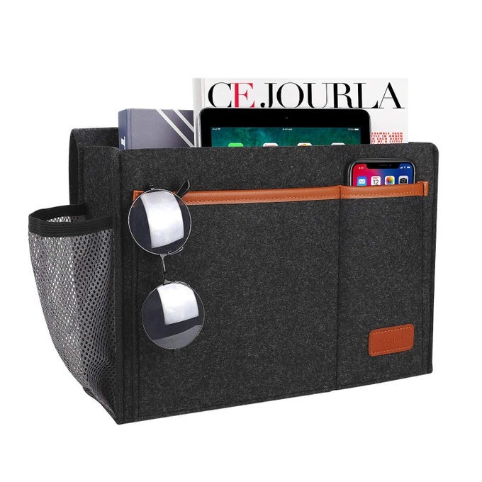 BEDSIDE CADDY BED STORAGE ORGANIZER FOR REMOTE CONTROLLER BOOKS MAGZINE LAPTOP HOLDER 124 X 86 INCH BEDSIDE HANGING FELT STORAGE BAG FOR DORM BED WITH 5 POCKETS DARK GRAY