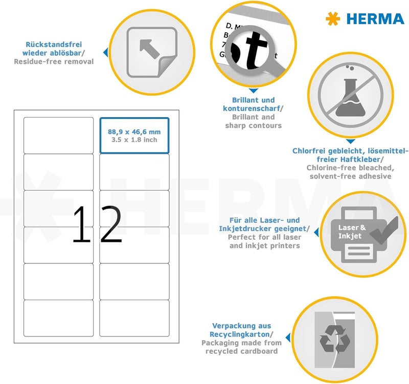 HERMA Self Adhesive Removable Multi-Purpose Labels, 12 Labels Per A4 Sheet, 300 Labels For Printers, Large, 88.9 x 46.6 mm (10010) Odor resistant - Image 3