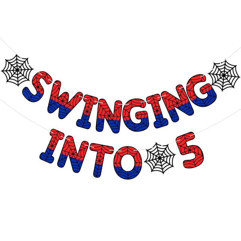TaoBary Spider Theme 5th Birthday Banner, Pre-strung Swinging into 5 Banner, Spider 5th Birthday Decorations Party Supplies for Kids, Fifth Decor for 5 Years Old Boys Girls(Multicolor) - Image 1