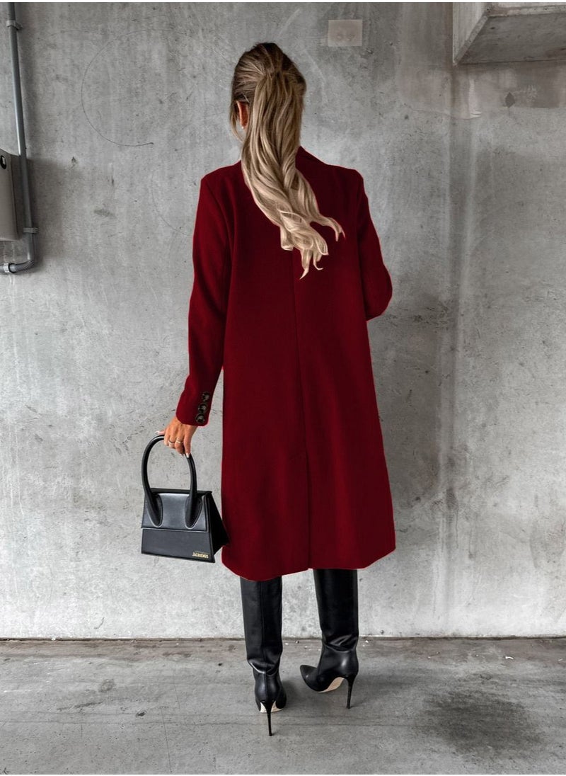 Loquat - New Women's Fashion Simple Long Sleeve Lapel Button Wool Overcoat - Image 1