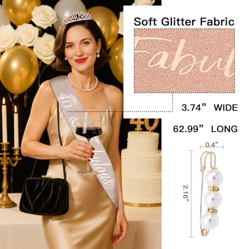 Cyrelwing 40TH Birthday Gifts for Women,Vintage Engraved 40th Wine Glass,40 Year Old Birthday Decorations For Her,40&Fabulous Sash and Tiara For Women,Friends,Sister-Turning 40th Party Favor Supplies - Image 4