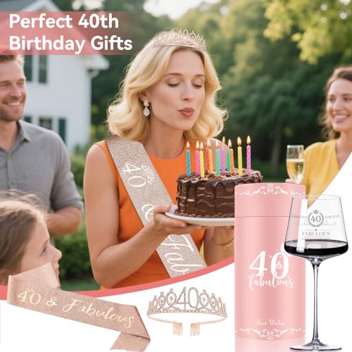 Cyrelwing 40TH Birthday Gifts for Women,Vintage Engraved 40th Wine Glass,40 Year Old Birthday Decorations For Her,40&Fabulous Sash and Tiara For Women,Friends,Sister-Turning 40th Party Favor Supplies - Image 5