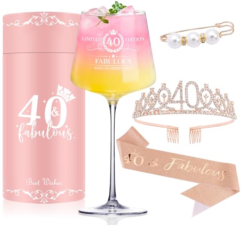Cyrelwing 40TH Birthday Gifts for Women,Vintage Engraved 40th Wine Glass,40 Year Old Birthday Decorations For Her,40&Fabulous Sash and Tiara For Women,Friends,Sister-Turning 40th Party Favor Supplies - Image 1