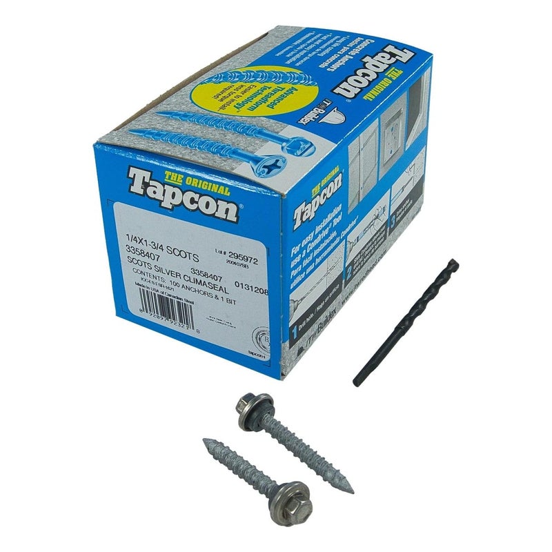 Tapcon Scots 1/4" x 1-3/4" Stainless Steel Hex Head ClimaSeal Concrete Anchor Screws 3358407 | 100 Pack | Drill Bit Included - Image 1