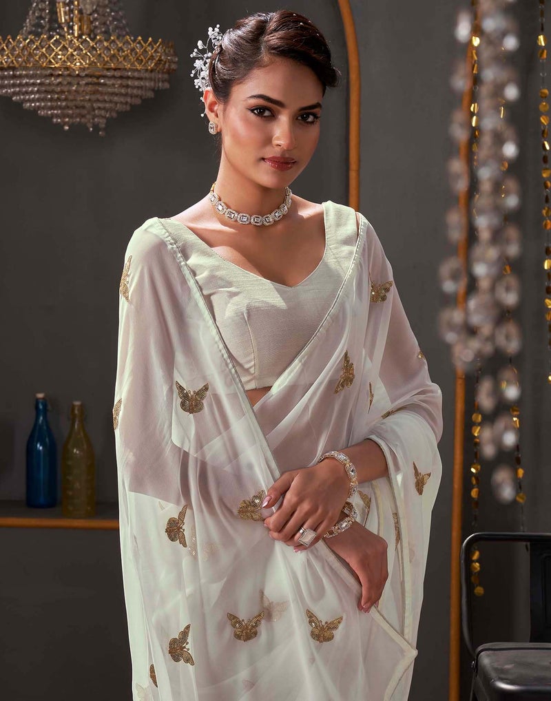 SIRIL Women's Georgette Sequence Embroidery Saree With Unstitched Blouse Piece (4407S197_White) - Image 4