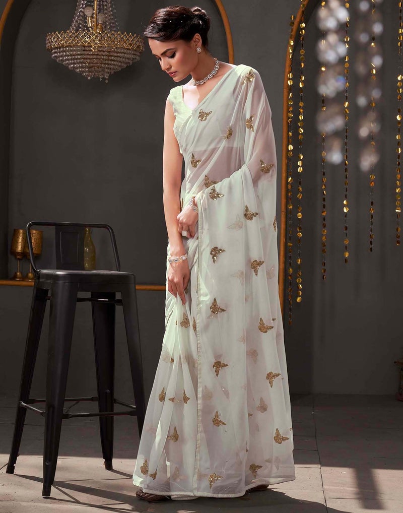 SIRIL Women's Georgette Sequence Embroidery Saree With Unstitched Blouse Piece (4407S197_White) - Image 2