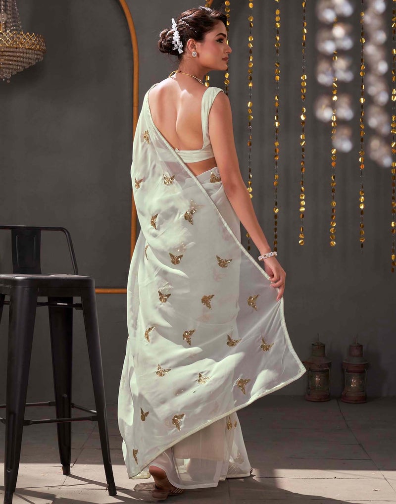 SIRIL Women's Georgette Sequence Embroidery Saree With Unstitched Blouse Piece (4407S197_White) - Image 3