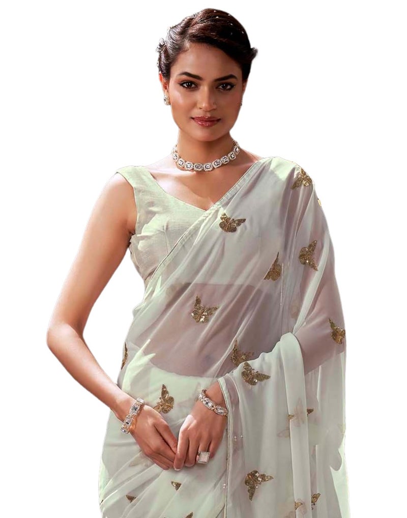 SIRIL Women's Georgette Sequence Embroidery Saree With Unstitched Blouse Piece (4407S197_White) - Image 1