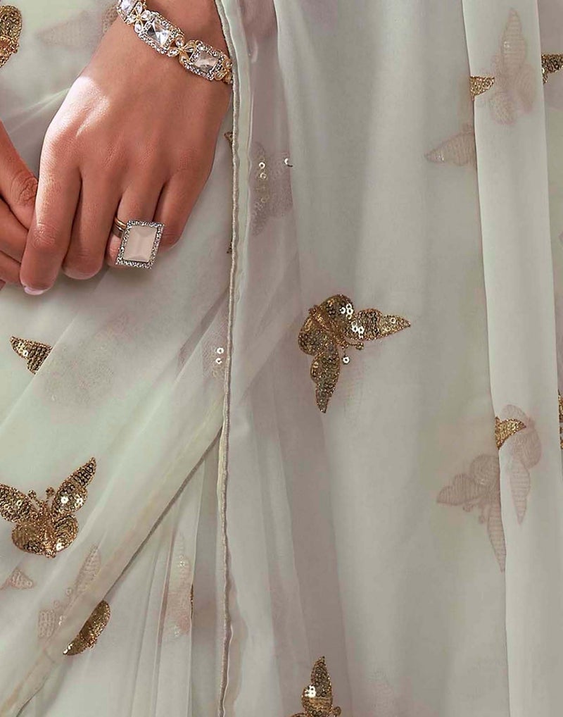 SIRIL Women's Georgette Sequence Embroidery Saree With Unstitched Blouse Piece (4407S197_White) - Image 5