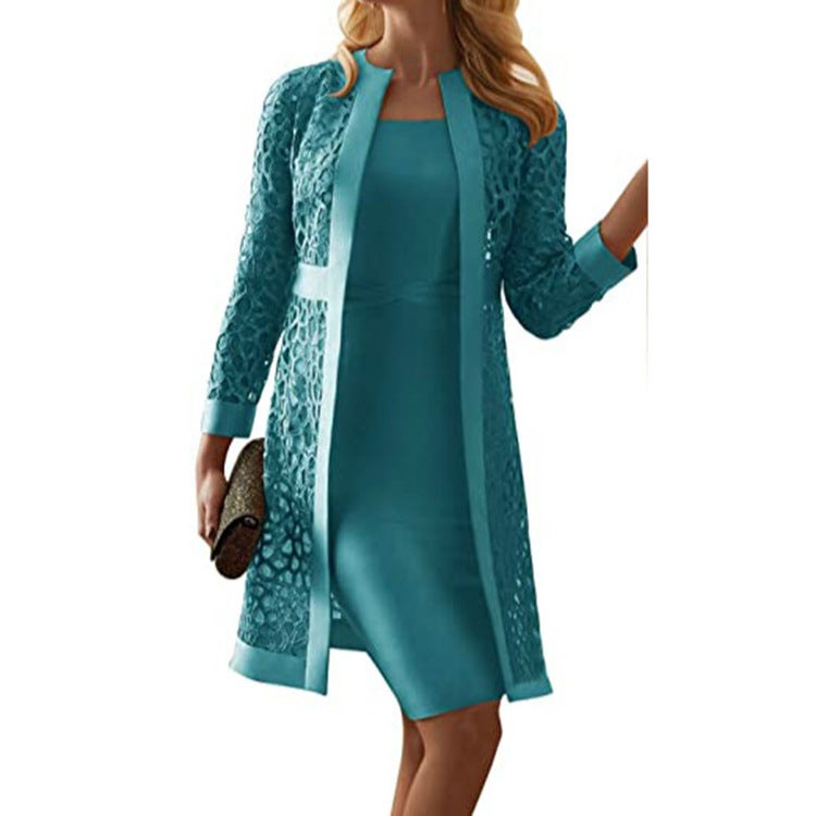 European and American Large Size Womens Dress Amazon Solid Color Lace Hollow Cardigan Sleeveless Skirt Two-piece Suit Women Champagne - Image 5