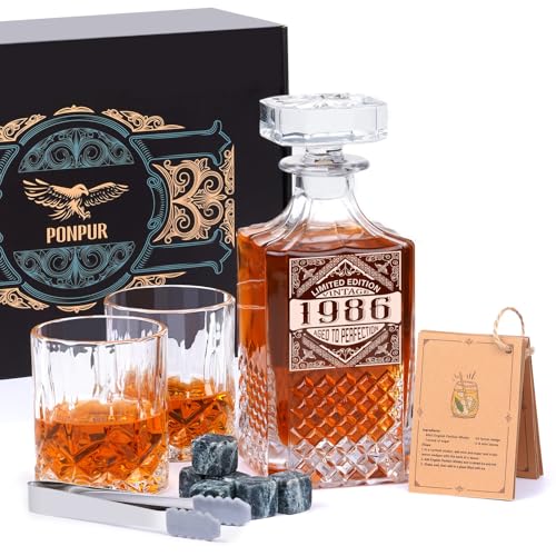 PONPUR 40th Birthday Gifts For Men Dad, 1986 Laser Whiskey Decanter Set with Gift Box, Anniversary Birthday Gift Ideas for Him Husband, 40 Years Bday Decorations, Whiskey Glasses & Whisky Stones Inc - Image 1