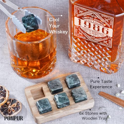 PONPUR 40th Birthday Gifts For Men Dad, 1986 Laser Whiskey Decanter Set with Gift Box, Anniversary Birthday Gift Ideas for Him Husband, 40 Years Bday Decorations, Whiskey Glasses & Whisky Stones Inc - Image 4