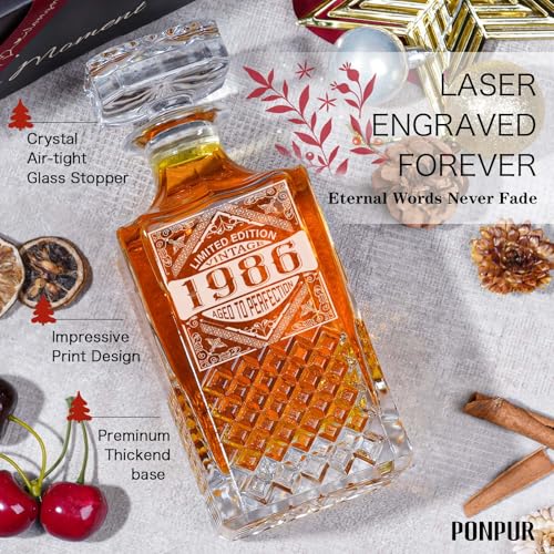 PONPUR 40th Birthday Gifts For Men Dad, 1986 Laser Whiskey Decanter Set with Gift Box, Anniversary Birthday Gift Ideas for Him Husband, 40 Years Bday Decorations, Whiskey Glasses & Whisky Stones Inc - Image 3