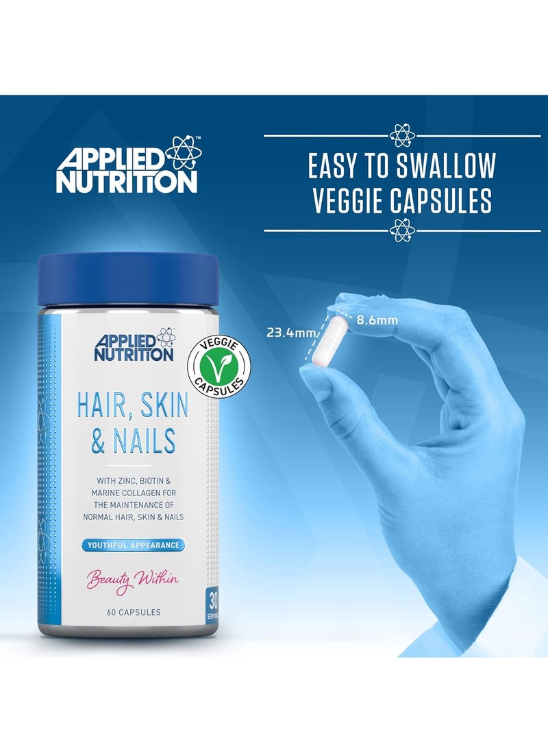 Applied Nutrition - الشعر والبشرة والأظافر - البيوتين والكولاجين البحري لنمو صحي للشعر والبشرة والأظافر مع 10000 ميكروجرام من البيوتين (60 كبسولة - 30 وجبة) - Image 1