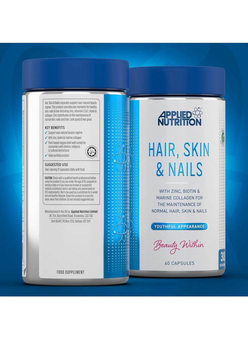 Applied Nutrition - الشعر والبشرة والأظافر - البيوتين والكولاجين البحري لنمو صحي للشعر والبشرة والأظافر مع 10000 ميكروجرام من البيوتين (60 كبسولة - 30 وجبة) - Image 1