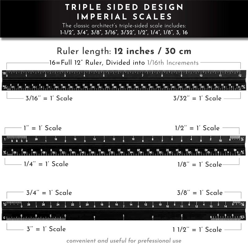 Khnum 12-Inch Architectural and Engineering Scale Ruler Set (Imperial) | Laser-Etched Aluminum Triangular Drafting Tool | for Architect and Civil Engineer Blueprints | Standard Metal Ruler Included - Image 4