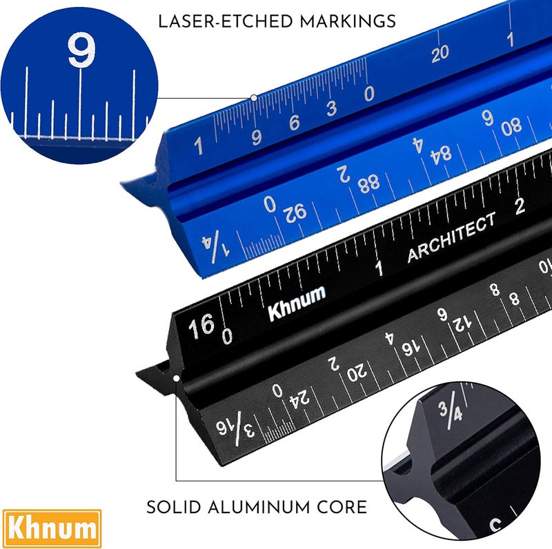 Khnum 12-Inch Architectural and Engineering Scale Ruler Set (Imperial) | Laser-Etched Aluminum Triangular Drafting Tool | for Architect and Civil Engineer Blueprints | Standard Metal Ruler Included - Image 3