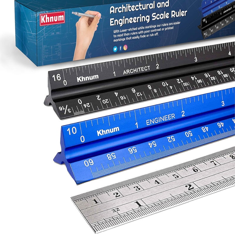 Khnum 12-Inch Architectural and Engineering Scale Ruler Set (Imperial) | Laser-Etched Aluminum Triangular Drafting Tool | for Architect and Civil Engineer Blueprints | Standard Metal Ruler Included - Image 1