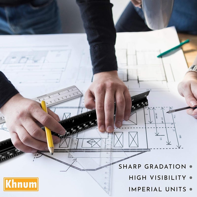 Khnum 12-Inch Architectural and Engineering Scale Ruler Set (Imperial) | Laser-Etched Aluminum Triangular Drafting Tool | for Architect and Civil Engineer Blueprints | Standard Metal Ruler Included - Image 2