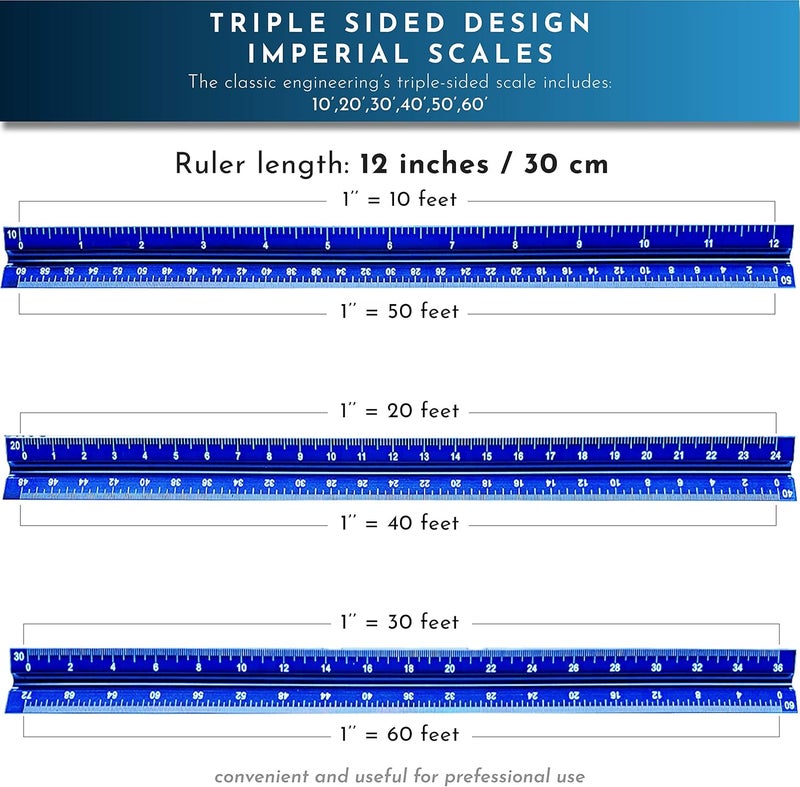Khnum 12-Inch Architectural and Engineering Scale Ruler Set (Imperial) | Laser-Etched Aluminum Triangular Drafting Tool | for Architect and Civil Engineer Blueprints | Standard Metal Ruler Included - Image 5