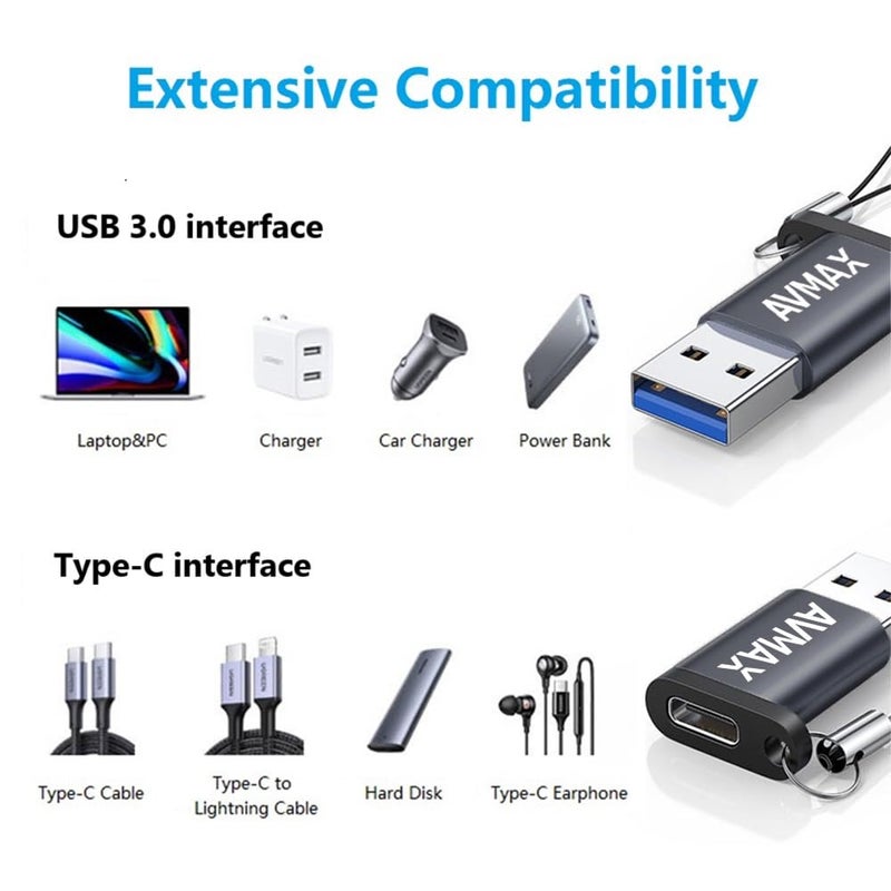 AVMAX USB to USB C Adapter 4 Pack,USBC Female to A Male Car Charger OTC Converter for Apple Watch Ultra 8 9 10,iPhone 16 15 14 13 12 Pro Max,Samsung S25,Nintendo Switch,AirPods,iPad,Car. (Black) - Image 3