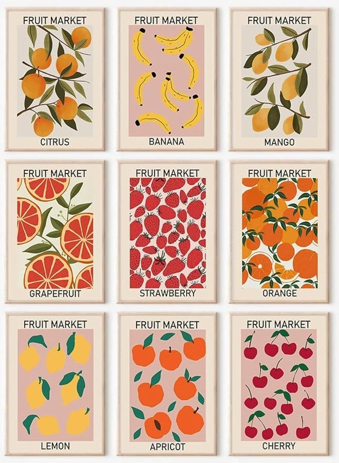 KBKBART Fruit Market Wall Art Print Set of 9, Abstract Colorful Posters, Fruit Market Prints Lemon Orange Banana Strawberry Mango Grapefruit Kitchen Gallery Wall Decor, Canvas Paintings for Dining Room, - Image 1