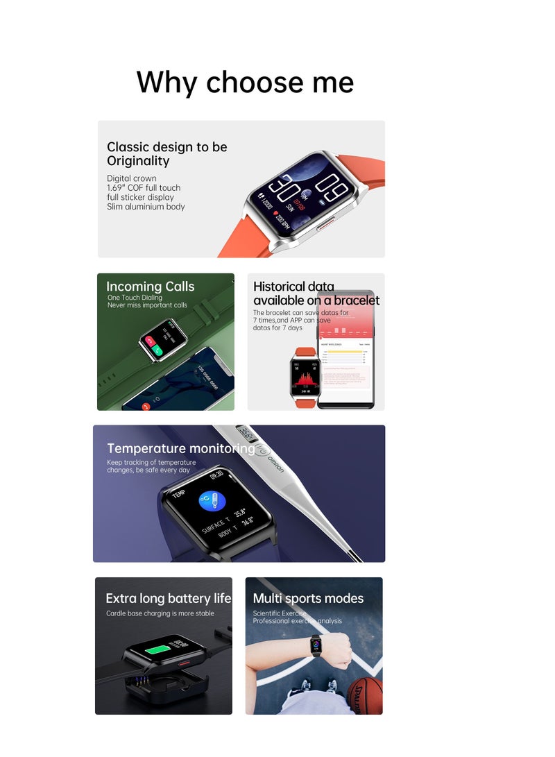 AROAQ H60 Smart Watch Bluetooth Calling Body Temperature Heart Rate Smartwatch IP67 Waterproof Sports Fitness Tracker Watches For Men And Women With Purple Silicone Strap - Image 5