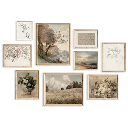 TWNSLLA Vintage Wall Art Decor Rustic Wall Decor Aesthetic Farmhouse Wall Pictures Vase Flower Boho Canvas Wall Art Prints Netural Wall Art for Bedroom Living Room Nature Landscape Jasmine Tree Sea Grassland - Image 1