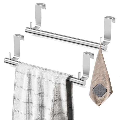 VEHHE Kitchen Towel Holder 2Piece 2 Hooks EVA Foam Protective Mats 9Inch Stainless Steel Over The Door Towel Rack Silver